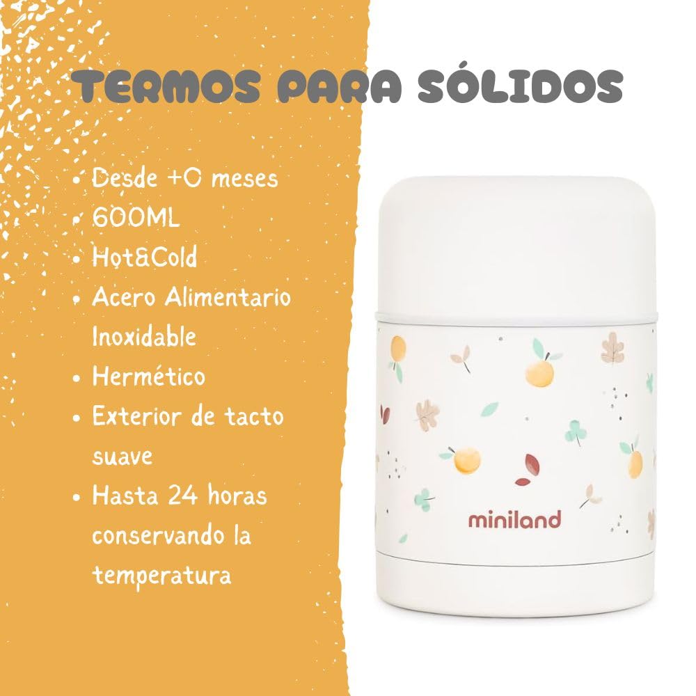 Miniland Thermos Valencia 600ml. Thermos pour aliments solides, avec double couche d'acier qui maintient la température des aliments pendant des heures