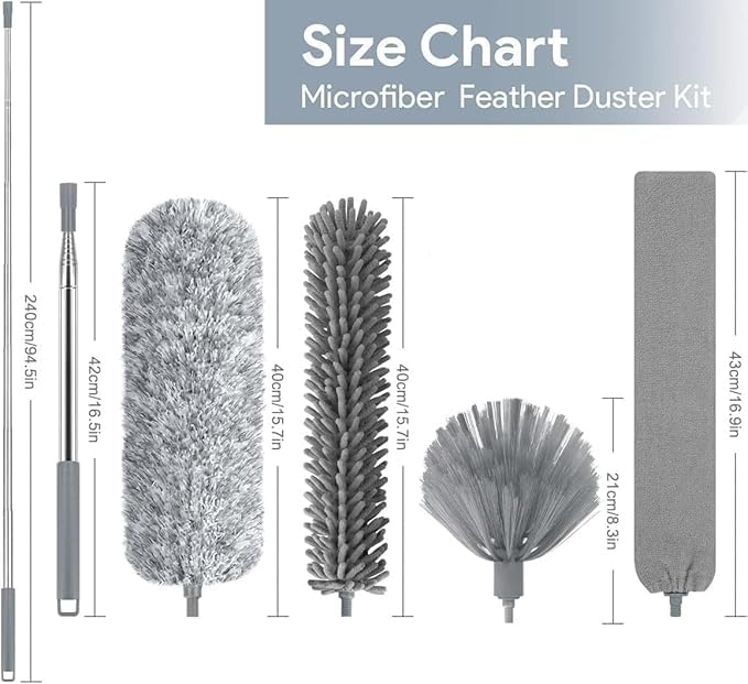 Image of 4-in-1 Extendable Microfiber Duster Kit - 100-Inch Telescopic Pole with Bendable Head - Washable Ceiling Fan, Blind, and Cobweb Cleaner for Home & Car (Multi-Piece Set)
