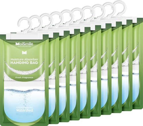 Image of Moisture Absorbers 10 Pack Fresh Fragrance, Hanging Closet Dehumidifier Bags, Humidity Absorber, Compact Eliminates Odors Humidity Packs for Car, Bathroom, Bedroom, Basement, 9.8OZ