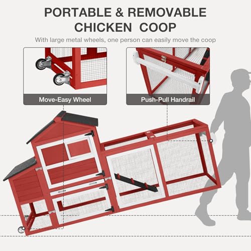 Chicken Coop for Outdoor - Poultry Cage with Wheels, Nesting Box, Leakproof Pull-on Tray, and Asphalt Waterproof Roof - Red