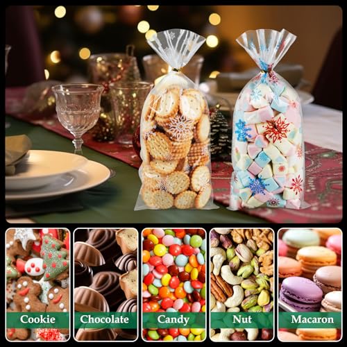 Pinkswan Lot de 100 sacs à bonbons blancs Snowflake - Lot de 100 sachets à biscuits de Noël - En cellophane - Transparent – vue 4