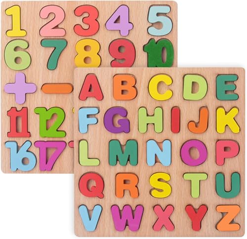 M2K HUB® Wooden ABCD Alphabet Number Shape Explorative Puzzles Toddler Learning Puzzles,Educational Activity Boards Toys for Child Boys and Girls (2 Pack ABCD+1234)