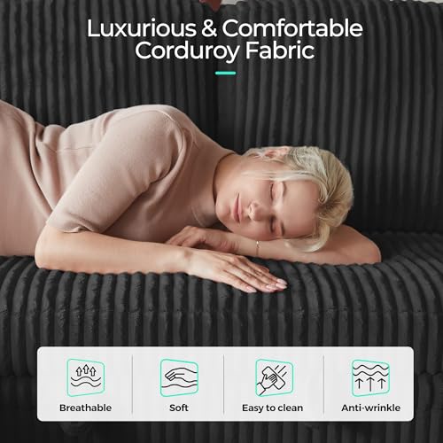 Image of LINSY HOME Sectional Sleeper Sofa Pull Out Couches for Living Room (Black, Sleeper Sofa 2) | Pull Out Sofa Bed, Storage, USB Charging, Cup Holders, Plush Corduroy