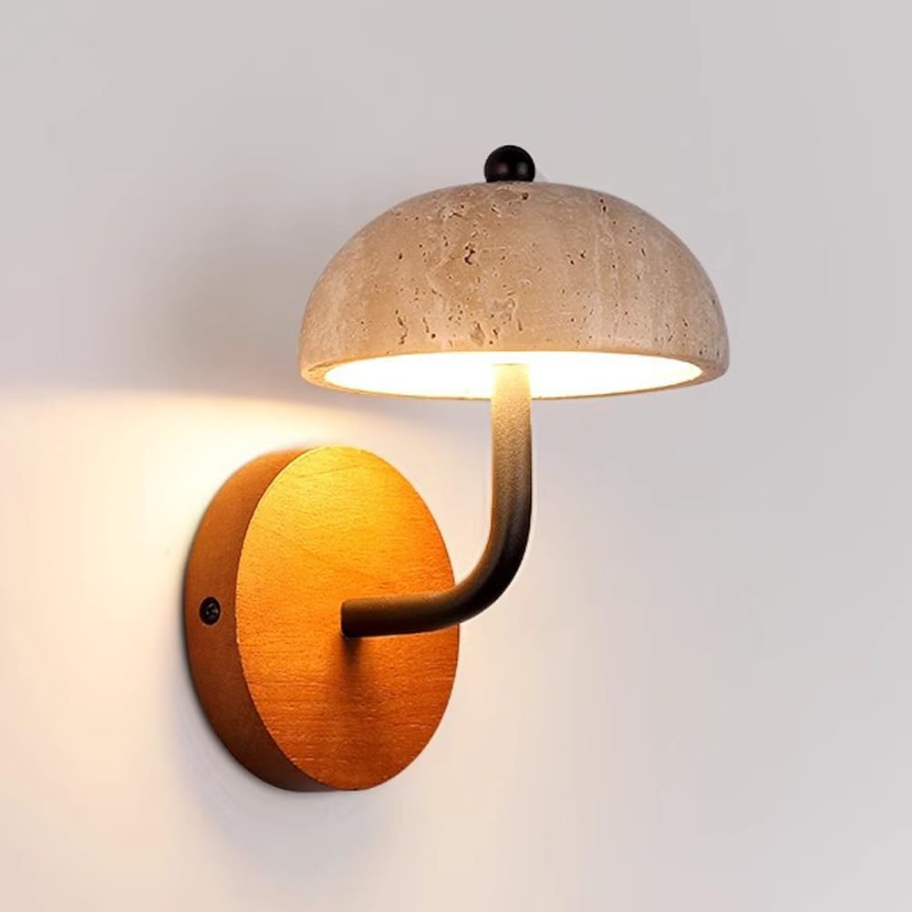 Travertine Wall Sconce, Wood Wall Lamp, Mushroom Wall Light, Walnut Wood Fixture, Mid-Century Modern Sconce, Organic Natural Stone, 3-Color LED for Bedroom Bedside, Living Room, Hallway Decor(12Cm)