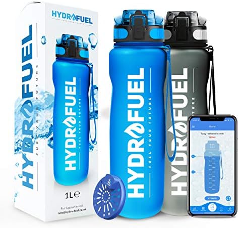 HydroFuel™ Large Sports Water Bottle 1 Litre | FREE Motivational Reminder To Hydrate APP + Times To Drink Custom Reminders | Leak Proof ECO Friendly & BPA Free + Fruit Infuser Filter For Gym, Hiking