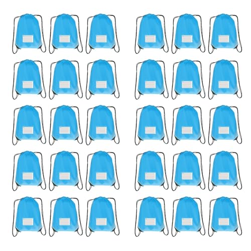 JohahaTim Drawstring Backpack Bulk 30 Packs Draw String Bags for Gym Sports Trip Pedestrianism Cinch Sack DIY for Women Men with Memo Card(sky blue light blue)