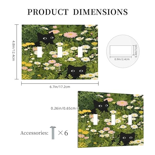 Decorative Switch Covers Plate Funny Cute Black Cat Colorful Flower Green Plant 3 Gang Wall Plate Oversized Triple Toggle Light Switch Plate Jumbo Faceplate for Bedroom Home Decor