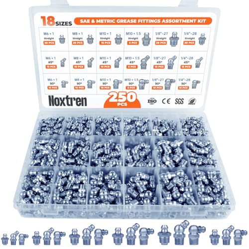 Image of 250PCS Grease Fittings Assortment, 18 Essential Sizes SAE & Metric Zerk Grease Fittings Kit- Includes UNF NPT 1 /4 inch 1 /8 inch M6 M8 M10, Straight 45 90 Degree for Grease Guns