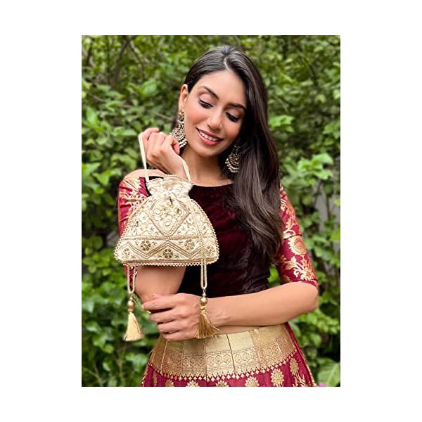 MASQ by Q-One Embellished Silk Potli Bag, Handbag, Wristlets, Clutch for Women, Girls with Handmade Embroidery, Sequin, Beads Work for Parties, Weddings and Special occasion - Image 8