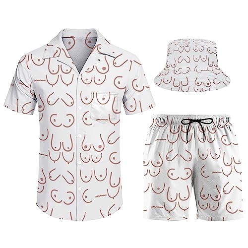 Men's Boobs Funny Button-Up Shirt Hawaiian Shirt Party Beach Suit Dry Surfing Beach Shorts Fisherman's Hat