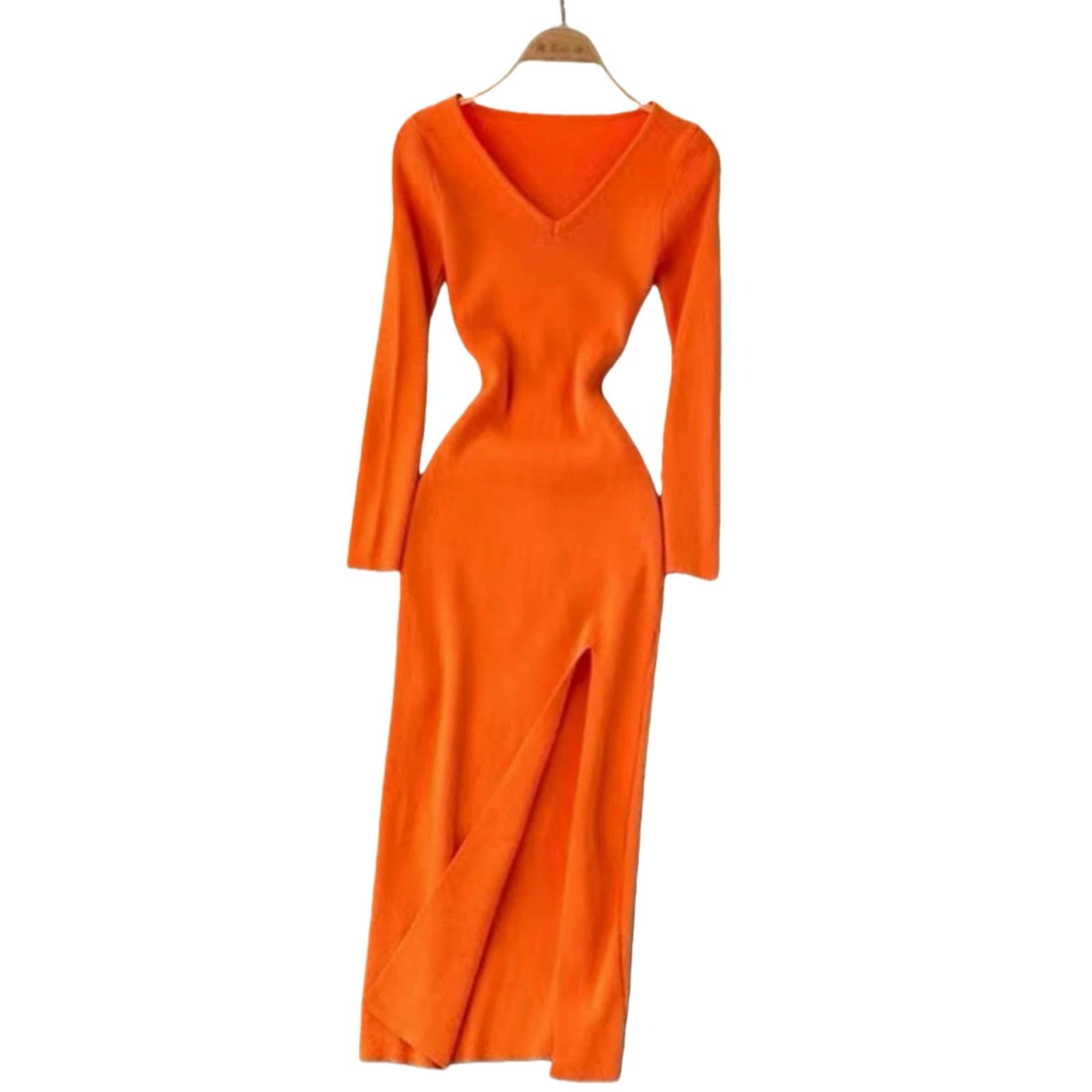 Vestiti a Maniche Lunghe Abito in Maglia da Donna Stile Francese, Avvolgente Slim Fit con Scollo V Spacco, Autunno Inverno per Feste E Abbigliamento Quotidiano-Arancione-s