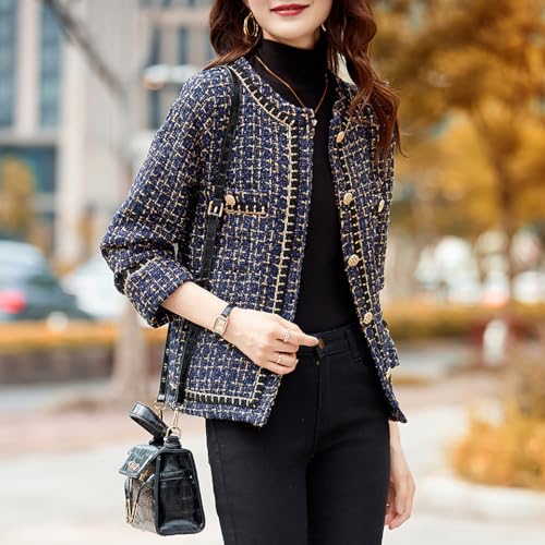 chouyatou Women’s Fall Elegant Business Casual Plaid Tweed Blazer Jacket Open Front Dressy Tweed Suit Top4
