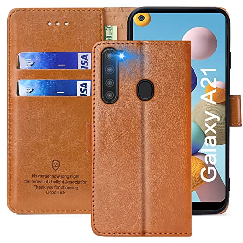 FMPCUON Funda para Samsung Galaxy A21,Funda Libro Galaxy A21 Funda con Tapa,Cuero Carcasa Magnético Funda Cartera Móvil para Samsung Galaxy A21, Marrón