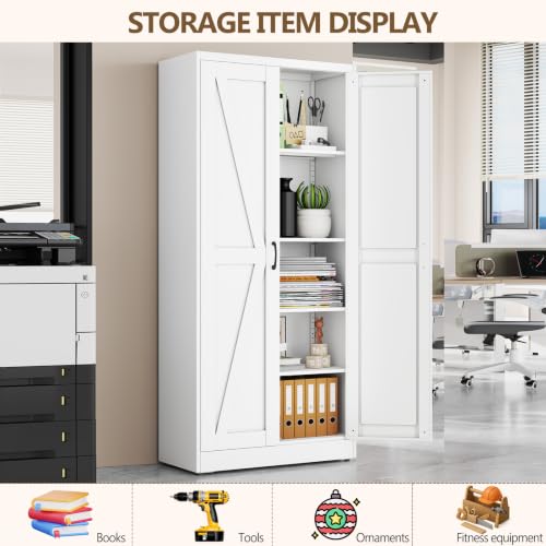 Image of White Metal Storage Cabinet, 71 inch Kitchen Pantry Cabinets for Office