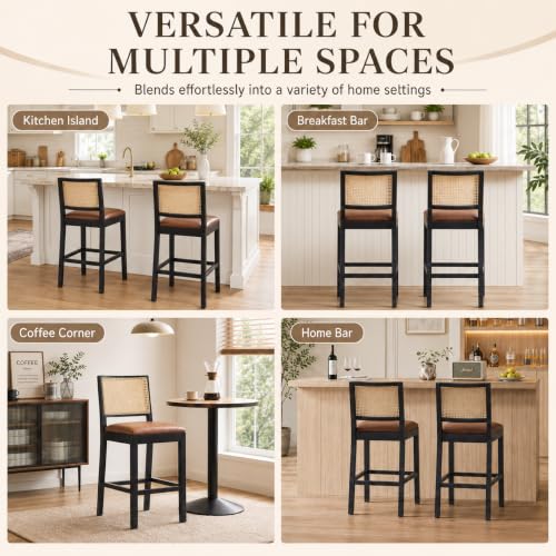Image of Rattan Counter Height Bar Stools, 25.6'' Modern Counter Stools with Cane Back, Mid Century Bar Chairs for Kitchen Counter /Home Bar /Cafe, Set of 2, Brown