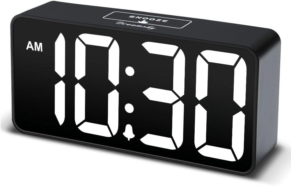 DreamSky Compact Digital Alarm Clock with USB Port for Charging, Adjustable Brightness Dimmer, Bold Digit Display,12/24Hr, Snooze (White)