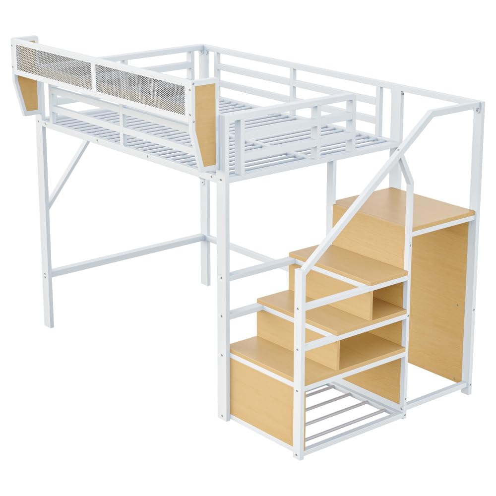 Cama alta de 140 x 200 cm con estructura de metal, cama de matrimonio de 140 x 200 cm con escalera de seguridad y compartimento contenedor flexible, cama para niños, sin colchón, color blanco