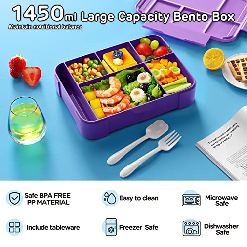 Jelife Lunch Box Kids Bento Box - 1450Ml Large Leakproof 6 Compartments Kids Lunchbox Toddler Bento Box With Utensils For Back To School,Book-Style Reusable Lunch Snack Containers For Daycare, Purple #TOP1
