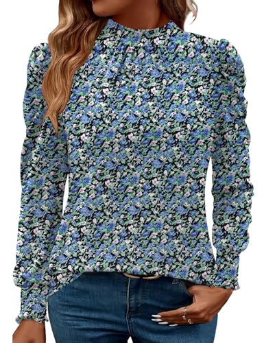 Image of LUYAA Puff Long Sleeve Shirts for Women Tops Dressy Casual Frill Mock Neck Smocked Cuffs Blouses