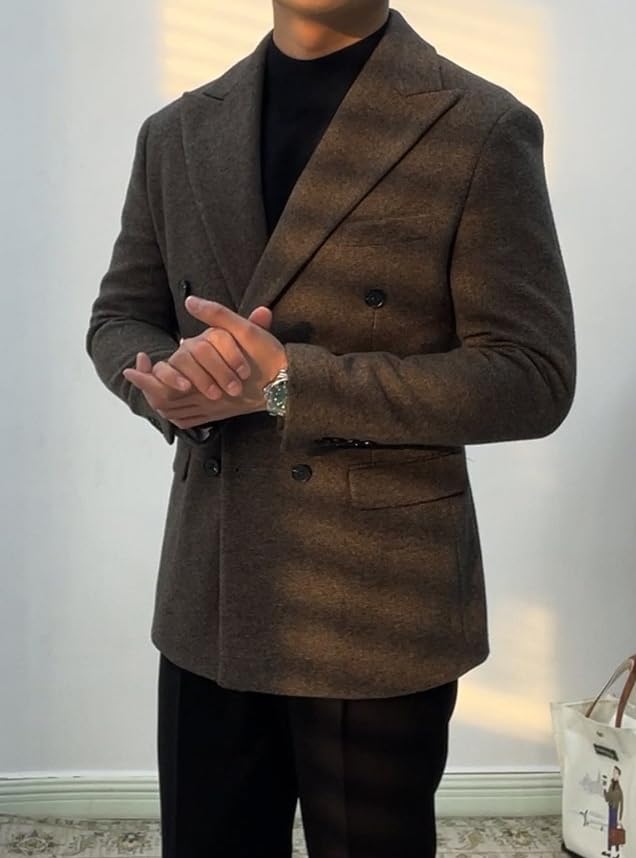 Men's Tweed Blazers Vintage British Tweed Blend Jacket Double Breasted Sport Coat2