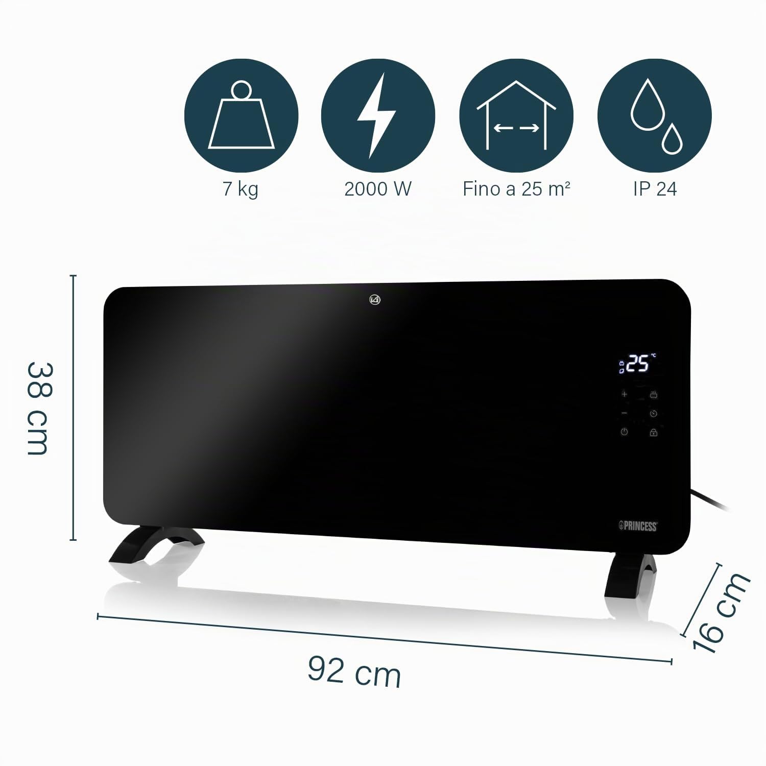 Princess Riscaldatore elettrico connesso - Riscaldamento a convezione - Controllo manuale, tramite app o vocale - App gratuita - Pannello in vetro - 2000W - Nero - 348200