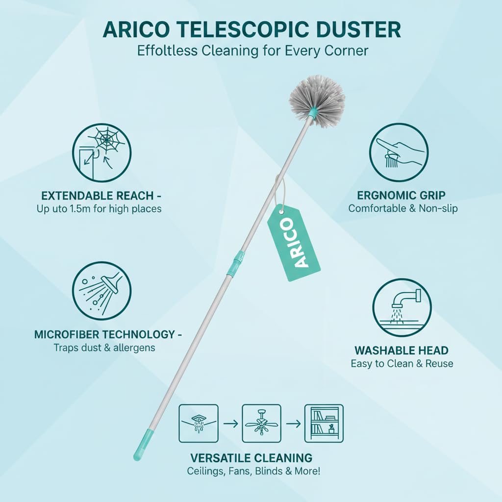 ARICO JALA Broom Cobweb Brush with Extendable Handle Featuring Long Handle for Ceiling and Roof Cleaning Dusting Brush | Soft Bristles for Gentle Yet Effective Dusting | Stainless Steel 2