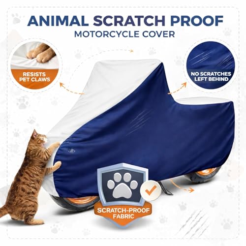 Image of 6X6 Heavy Duty Bike Cover for Hunter 350, Dual Tone White & Blue, All-Weather Protection, Waterproof, UV Resistant, Dustproof, Windproof, Durable Outdoor Motorcycle Body Covers for Daily Use