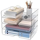 StowBin 4 Pack A4 Acrylic Letter Tray – Stackable Document Organiser, Transparent Premium Clear Filing Organizer Trays for Magazines, Notes, A4 Size File Paper(Sturdy Design)