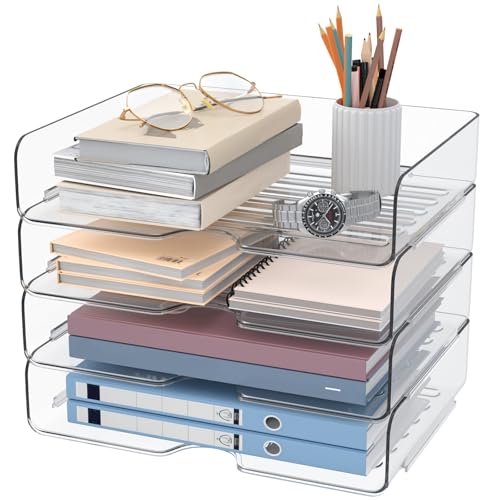 StowBin 4 Pack A4 Acrylic Letter Tray – Stackable Document Organiser, Transparent Premium Clear Filing Organizer Trays for Magazines, Notes, A4 Size File Paper(Sturdy Design)