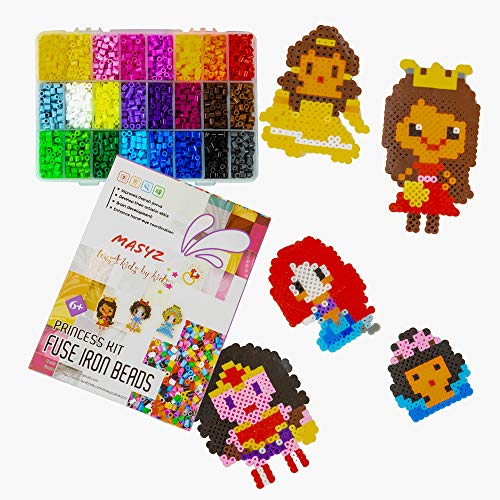 MASYZ Princess Fuse Iron Beads Kit Patterns Perler Bead Kit 5300 Pc. 24 Colors in Storage Case 3 Keychains 2 Tweezers 2 Perler Beads Pegboards 2 Iron Paper Best for Girl Birthdays Holiday Cold Days