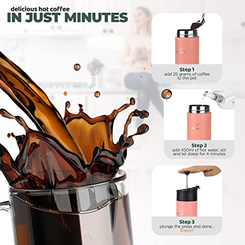 Coffeekof Portable Travel French Press Stainless Steel, 16Oz - Ideal For Camping, Gifting - Coffee And Tea Maker - Compact, Durable, Insulated,Pink. #TOP4