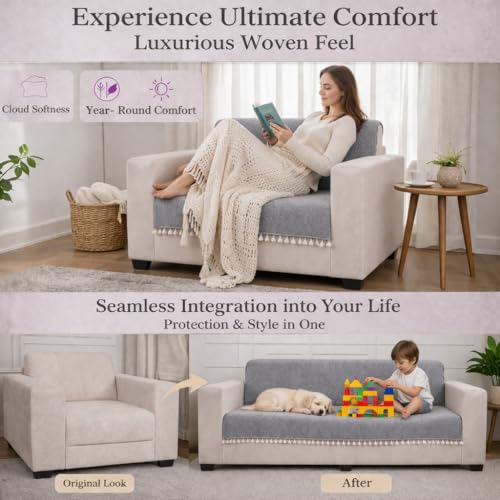 Image of STITCHNEST Grey Chenille Sofa Cover 70x30 Inch - Soft, Durable & Textured Fabric with Tassels | Sofa for Living Room, Bedroom, or Drawing Room