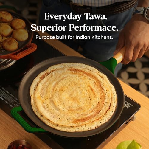 Image of CUMIN CO. Cast Iron Non Stick Dosa Tawa 28 cm | Induction Base Cookware | 10 Year Warranty | Chemical Free Coating | Non Toxic Tawa for Dosa /Chilla | Free Accessories | No Seasoning Needed | Green