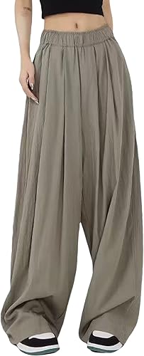 Women Wide Leg Pants Elastic High Waisted y2k Linen Jogger Straight Trousers Loose Pocket Cargo Pant Baggy