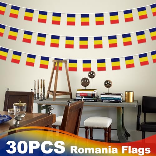 Image of Romania String Flag Pennant Banner, Small Mini Romanian Flags Bunting Banner, National Country Decoration for School, Party, Sports Events, Patriotic Festival, 33 Feet 30 Flags