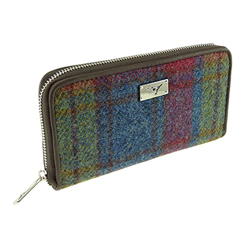 KWH Glen Appin of Scotland Pink Blue Green Tartan Check Harris Tweed Ladies Staffa Zip Round Purse Wallet