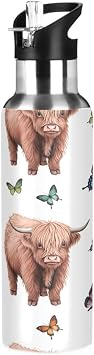 20 Oz Vacuum Insulated Stainless Steel Water Bottle,Highland Calves Butterflies Wide Mouth Water Bottle with Straw Lid Leakproof,BPA-Free Sports Water Bottle