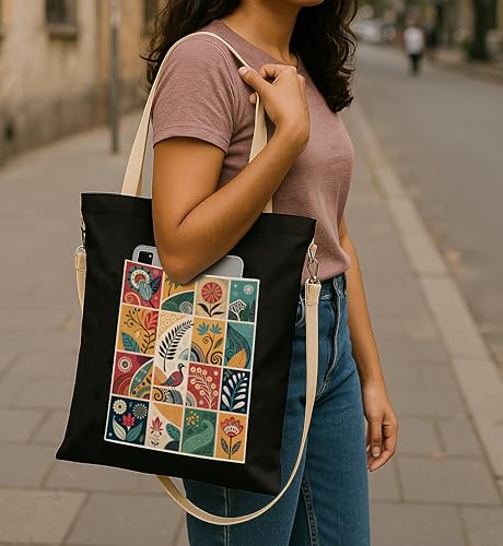 Image of ZORI Black Sling Tote Bag With Pocket and with Beige Straps, Tote Bags For Women large capacity,Tote bag For Shopping, College, Travel, More Canvas Handbag For Unisex
