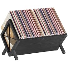 YATINEY Vinyl Record Holder, Record Storage Rack Holds 80-100 LP,Wooden and Metal Record Organizer, Quick Assembly Magazine Holder Vinyl Record Display Stand for CDs, Magazine, Albums, Black CJ06BB