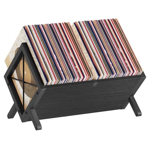 YATINEY Vinyl Record Holder, Record Storage Rack Holds 80-100 LP，Wooden and Metal Record Organizer, Quick Assembly Magazine Holder Vinyl Record Display Stand for CDs, Magazine, Albums, Black CJ06BB