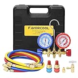 FavorCOOLHvac Gauges, AC Diagnostic Manifold Gauge Set for R410a R134a R22 R12 Refrigerant, Brass Body 3-Way Car HVAC Gauge Set with 4FT Hoses Adjustable Couplers Adapter and Can Tap Freon Charge Kit