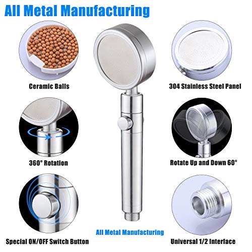 All Metal High Pressure Handheld Shower Head - Handheld Showerhead With On/Off Switch, 65 Inch Flexible Anti-Knot Hose, Brass Adjustable Bracket, 11.8 Inch Shower Arm And Flange, Polished Chrome #TOP1