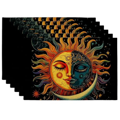 Sun Moon Celestial Placemats, Vibrant Black Decorative Table Mats for All Seasons, Bohemian Style for Indoor and Outdoor Dining, Washable Tableware Set of 6