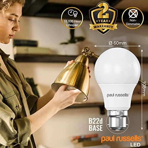 paul russells LED GLS Light Bulbs Bayonet Cap, BC, 40w Bulbs Equivalent, 6W 470LM LED Bulbs, 6500K Daylight, Classic Frosted A60 Standard B22D, Energy Saving Globe Lamp Bulbs, Pack of 2