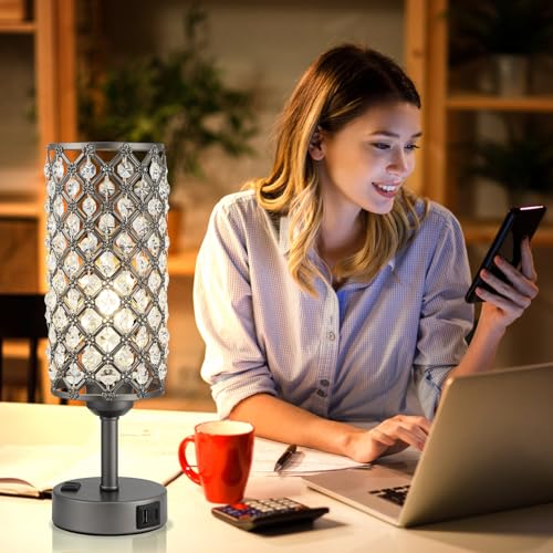Image of Hong-in Gray Crystal Lamp Touch Control Set of 2, Crystal Table Lamps with USB C+A Ports & AC Outlet, 3-Way Dimmable Nightstand Touch Lamp, Modern Bedside Table Lamp for Bedroom(Bulbs Included)