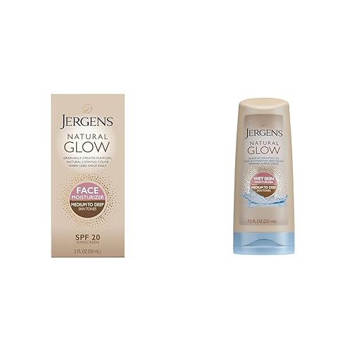 Jergens Natural Glow Self Tanner - Crema hidratante facial y loción de ducha con brillo natural, autobronceador para un tono de piel medio a profundo