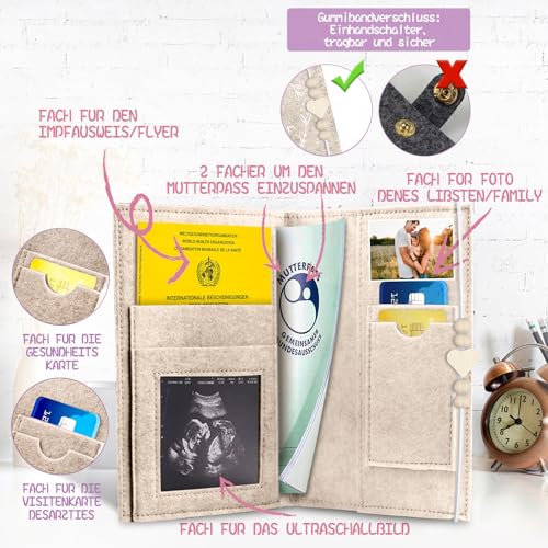 Mutterpasshülle aus Filz für Deutschen Mutterpass – Beige mit Holzperlen & Holzherz, Mutterpass Schutzhülle zur Aufbewahrung von Dokumenten & Ultraschallfotos, Geschenkidee für Schwangere & zukünftige