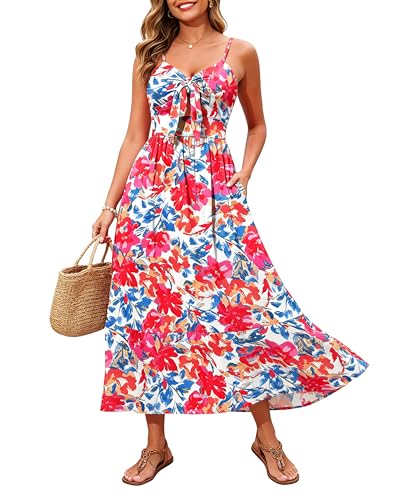 Image of Kranda Women 2026 Summer Sundress High Waist Tie Front Spaghetti Strap Long Beach Floral Tiered Maxi Dress with Pockets