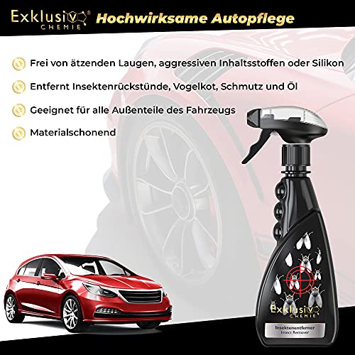Exklusiv Chemie® Insektenentferner Auto | Reinigt Windschutzscheiben, Scheinwerfer, Lack- und Chromteile | Insekten Reiniger für Autopflege | Laugenfrei & ohne Silikon | 500 ml