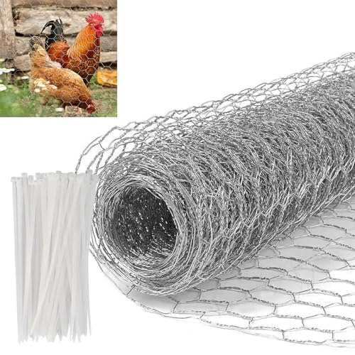 Chicken Wire Mesh Roll with 50 Cable Ties, 35cm x 1m Anti-Rust Hexagonal Fine Garden Fence Wire Netting for DIY Craft Garden, Pet Rabbit Chicken Fencing, Plants and Crops Protection, Easy To Cut